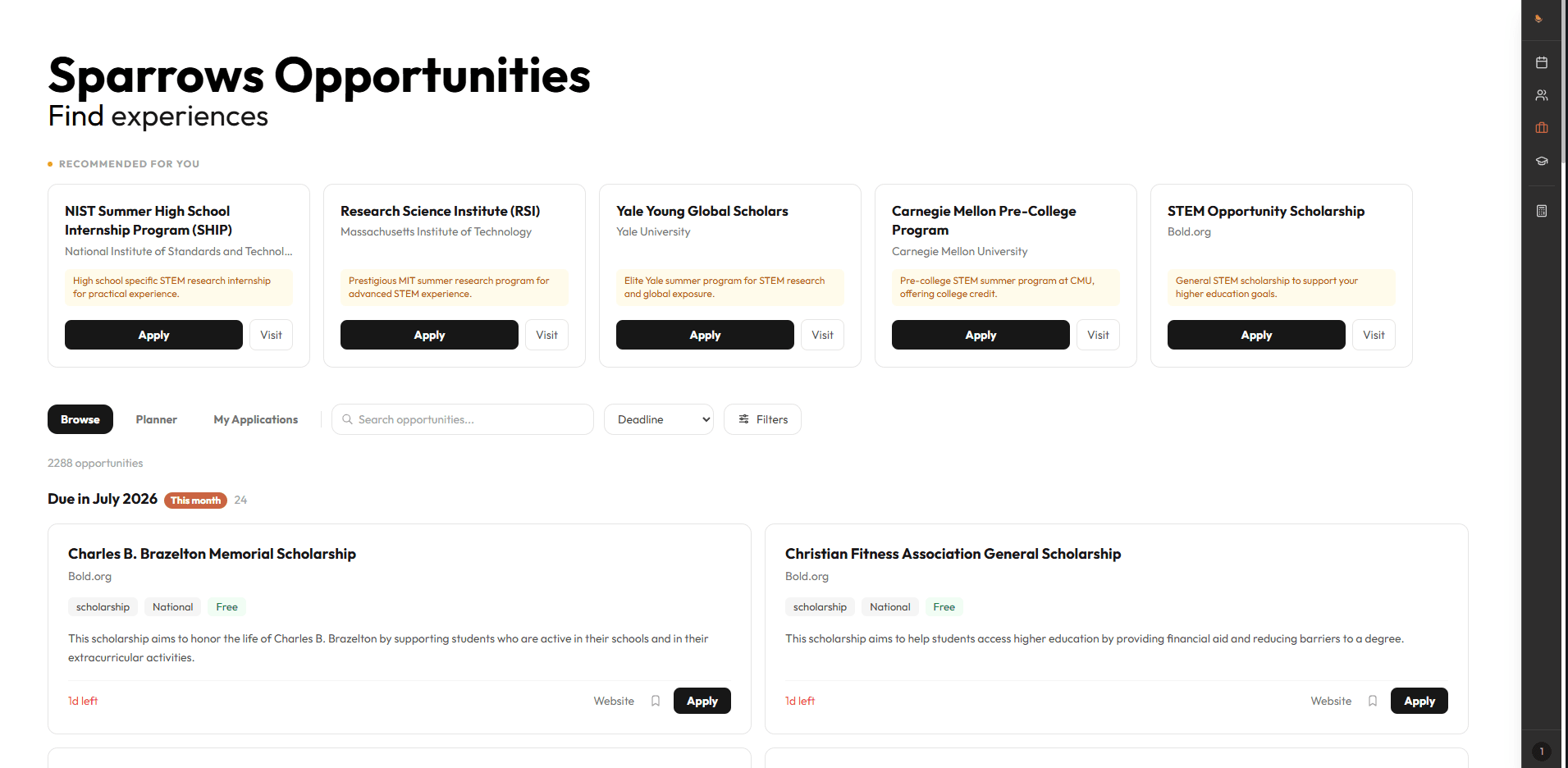 Sparrows Opportunities hub showing internships, programs, and competitions matched to a student